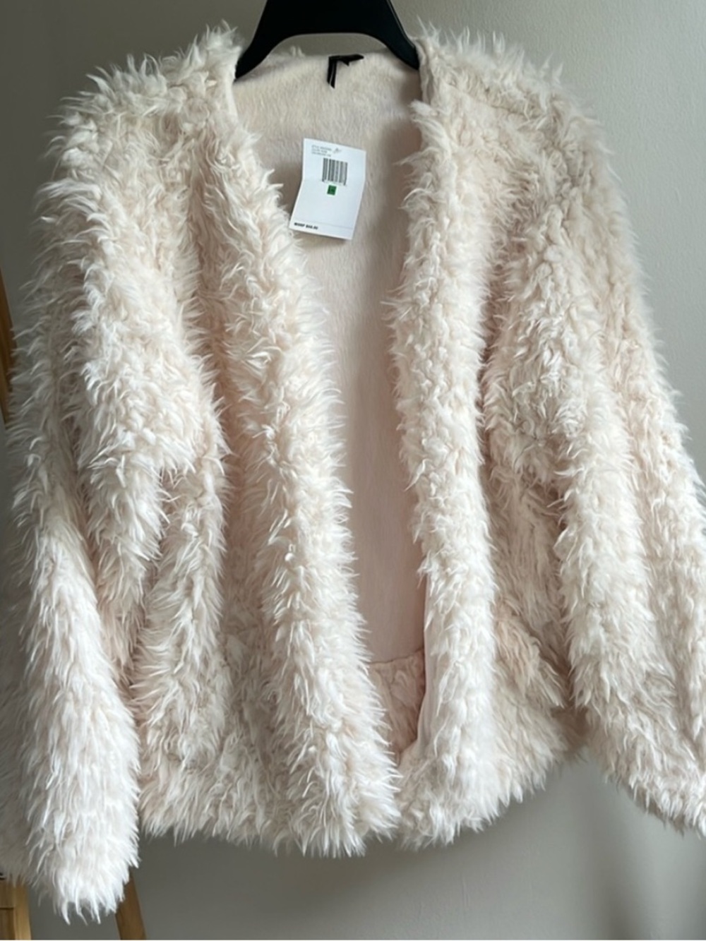 Kensie Plush Faux-Fur Open Front Jacket in Soft Nude Beige L/XL NWT